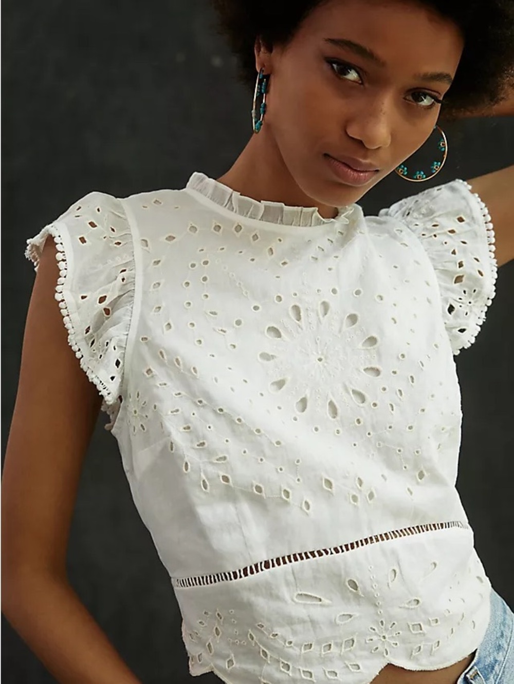 By Anthropologie Cropped Eyelet Tie Back Top L